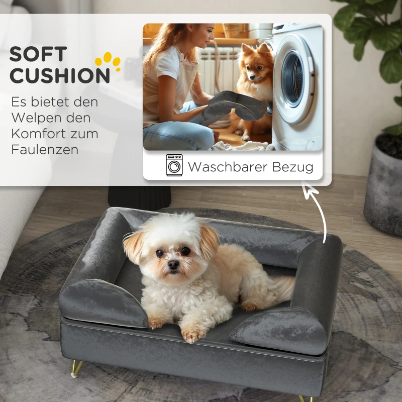 PawHut Hundesofa, Hundebett, waschbarer Bezug, für kleine Hunde bis 10kg, Holzrahmen, 76x53,5x34cm, Grau