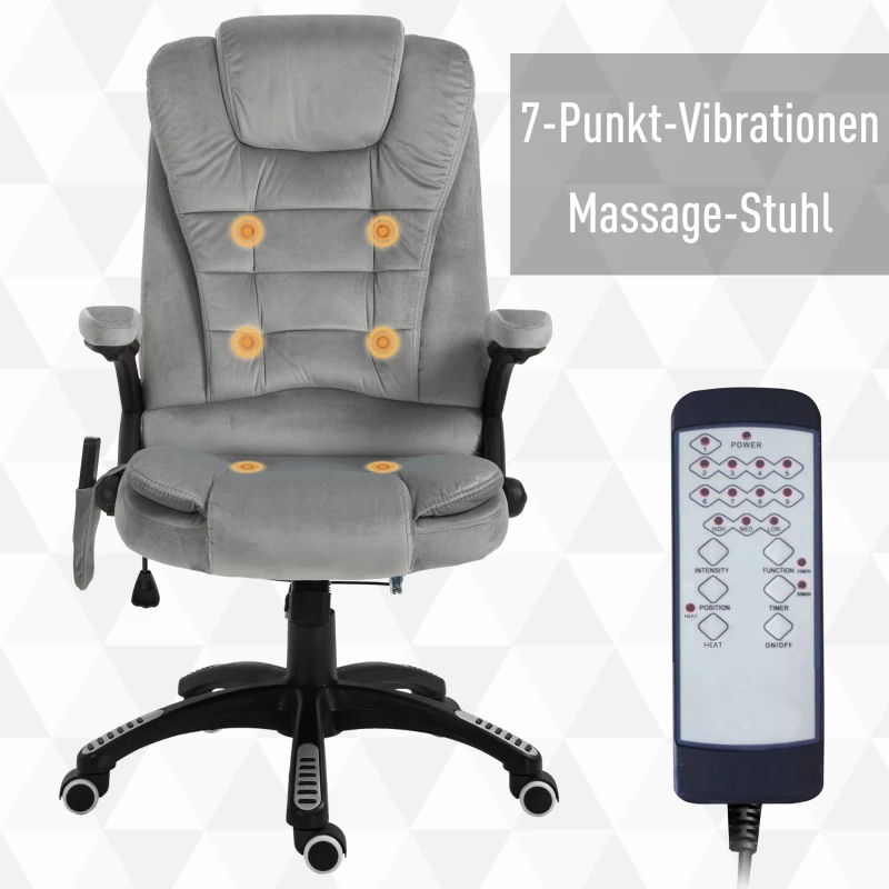 Vinsetto Bürostuhl mit Massagefunktion Ergonomischer Chefsessel mit Heizfunktion, Liegefunktion, Wippfunktion Höhenverstellbar 360° Drehbar Computerstuhl mit Seitentasche, Samtoptik, Grau