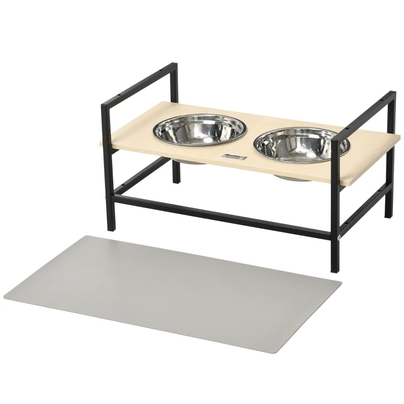 PawHut Futterstation, 2 herausnehmbare Fressnäpfe, höhenverstellbar, Napfunterlage, Natur+ Schwarz + Silber
