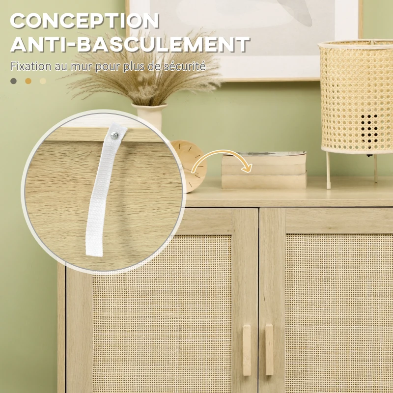 HOMCOM Buffet bas style bohème avec placard 2 portes rotin tissé étagère ajustable en hauteur 80 x 40 x 80 cm naturel