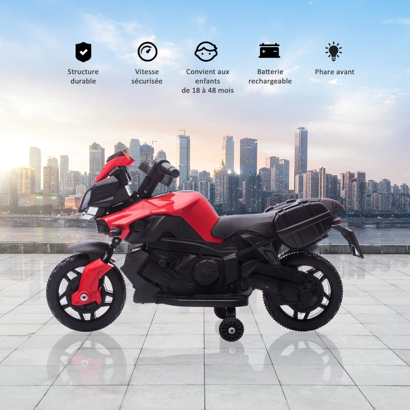 HOMCOM Moto électrique Enfant 6 V 3 Km/h Effet Lumineux et sonore roulettes Amovibles Repose-Pied valises latérales métal PP Rouge Noir