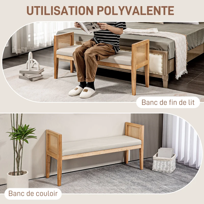 HOMCOM Banc bout de lit en tissu aspect lin avec accoudoirs en rotin et cadre en bois massif 120 x 38 x 61,5 cm beige
