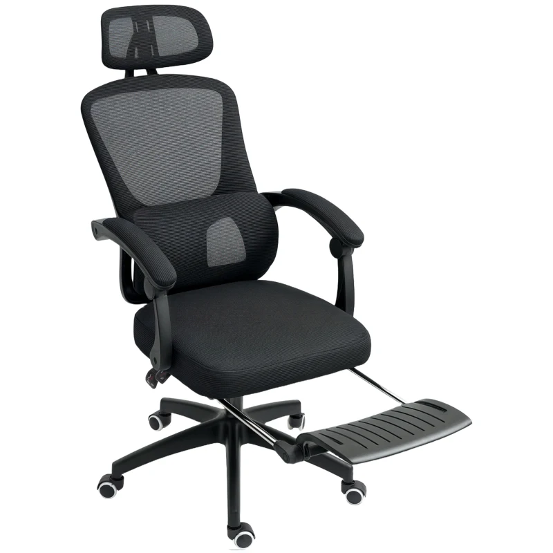 HOMCOM Ergonomic Office Chair, Mesh High Back Desk Chair with Adjustable Lumbar Support and Headrest, Footrest, Reclining Executive Swivel Computer Chair for Home Study, Black