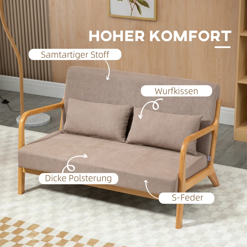 HOMCOM 2-er Sofa, 2-Sitzer, kleines Sofa, Retrodesign, 2 Kissen, Kautschukholz, Braun + Natur
