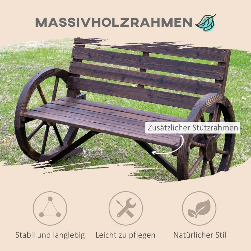Outsunny Gartenbank 2-Sitzer Sitzbank Holzbank Wagenrad mit Armlehne Landhausstil Tannenholz Braun 105,5 x 59 x 75 cm