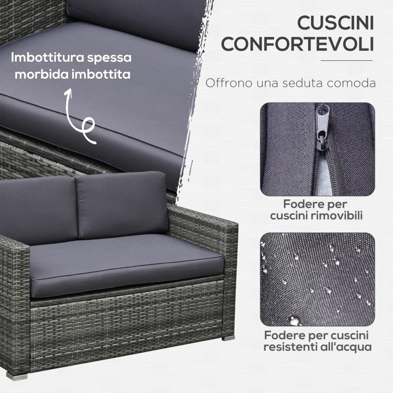 Outsunny Set da Giardino 4 Pezzi in Rattan PE e Acciaio, con Divano, 2 Poltrone e Tavolino da Caffè, Grigio