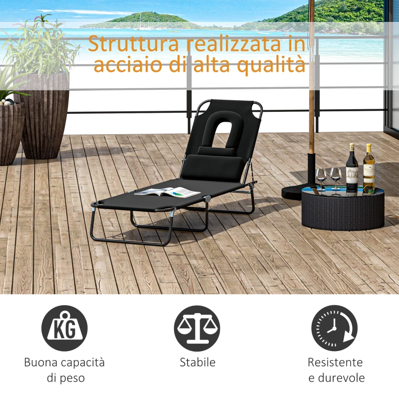 Outsunny Sdraio Pieghevole Reclinabile su 4 Livelli con Foro per Lettura e Cuscino in Tessuto Oxford e Acciaio, 187x58x36 cm, Nero
