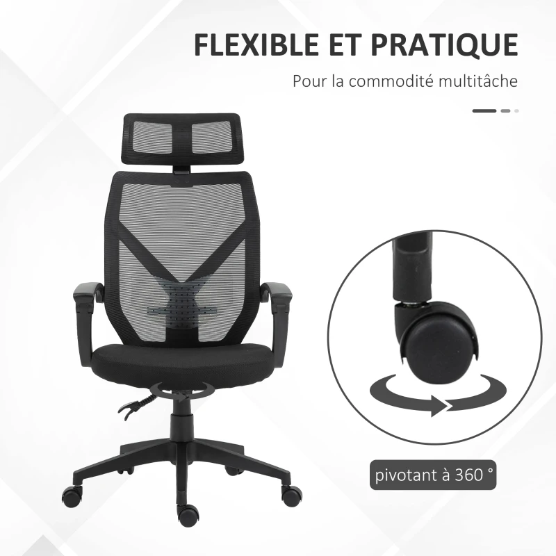 HOMCOM Fauteuil de bureau manager grand confort dossier ergonomique inclinable hauteur assise réglable pivotant tissu maille noir