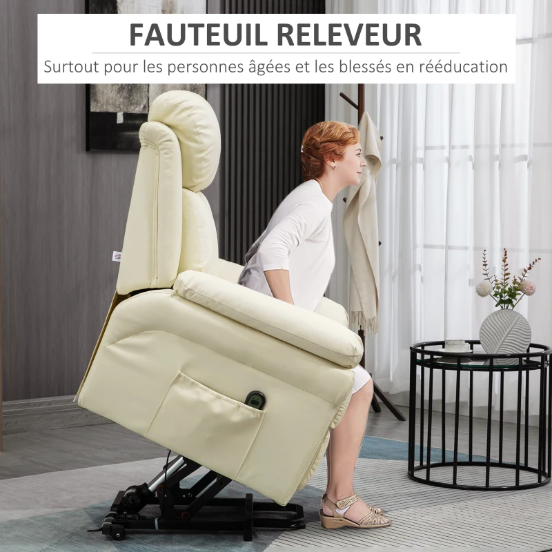 HOMCOM Fauteuil de Relaxation électrique Fauteuil releveur inclinable avec Repose-Pied Ajustable revêtement synthétique crème