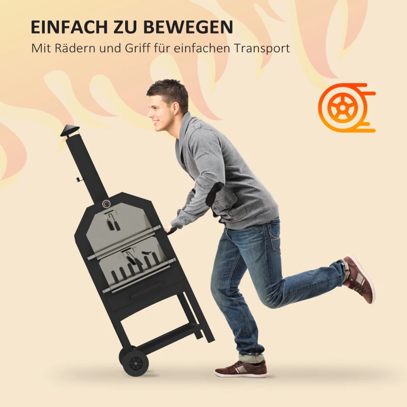 Outsunny 2-in-1 Outdoor Pizzaofen, mit Pizzastein, Aschefach, 2x Grillrost, Thermometer, rostfrei, Schwarz