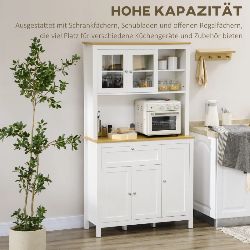 HOMCOM Küchenschrank im Landhausstil, 1 Vitrine, 1 offenes Regal, 1 Schublade, 2 Schränke, Natur + Weiß