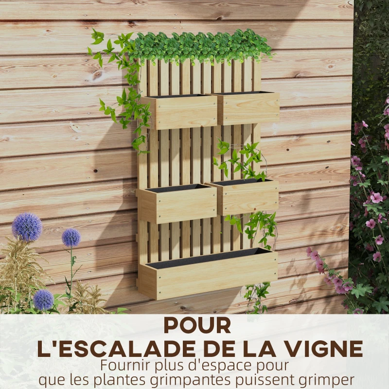 Outsunny Jardinière murale potager avec 5 bacs treillis en bois massif amovibles 60 x 16 x 100 cm(m-4)