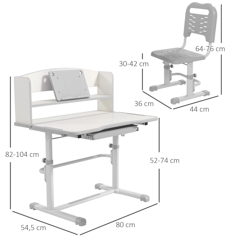 ZONEKIZ Pupitre Infantil Altura Ajustable con 1 Cajón 1 Estante y Ángulo de Mesa Ajustable 80x54,5x82-104 cm Gris y Blanco