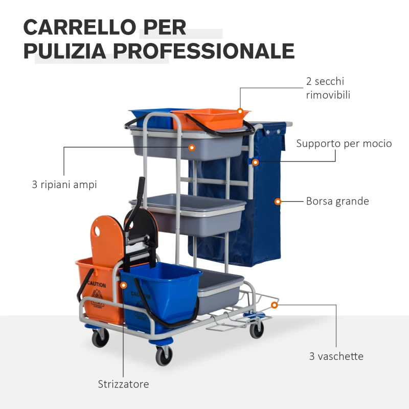 HOMCOM Carrello per Pulizie Professionale Multiuso con 4 Secchi Rotelle Borsa di Tela 118 × 73 × 103cm