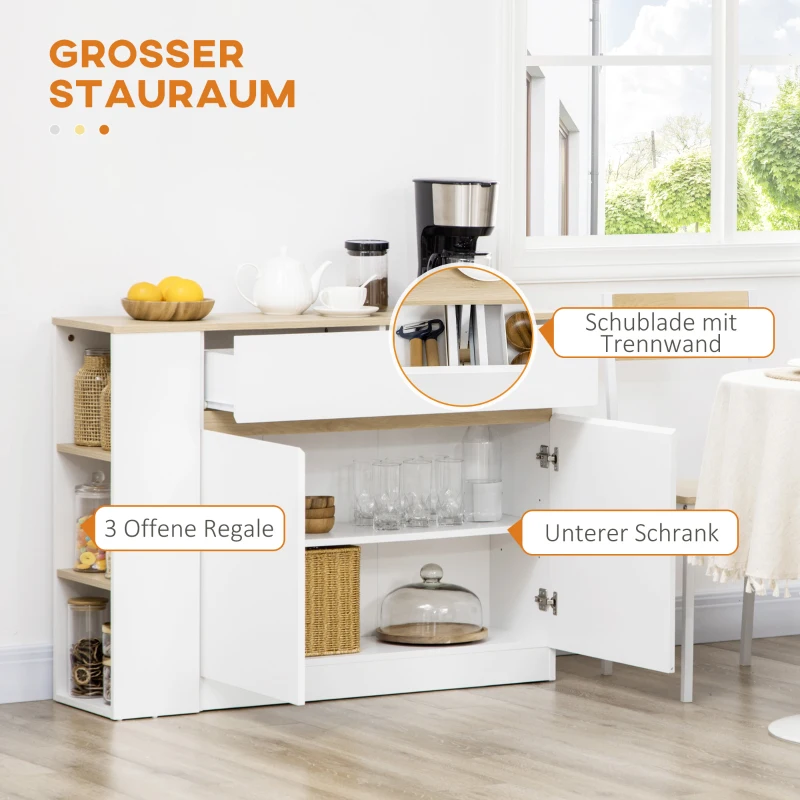 HOMCOM Sideboard, Buffet, großes Schrankfach, 3-stufiges Regal, Schublade, weiß, 110 x 29,5 x 82cm