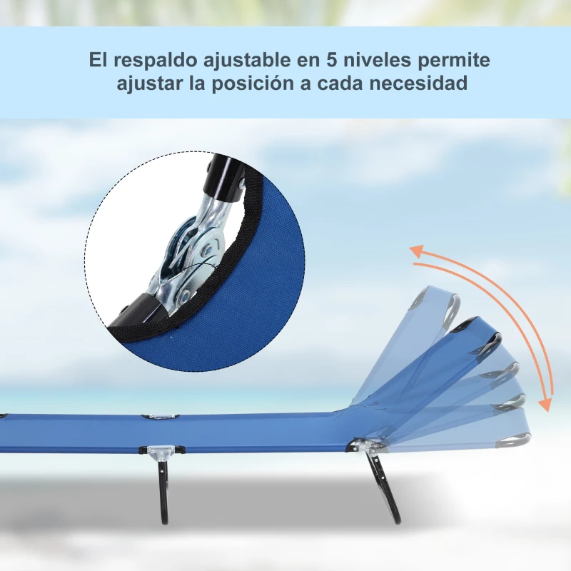 Outsunny Conjunto de 2 Tumbonas Plegables y Reclinables con Respaldo Ajustable en 5 Niveles Carga 120 kg 188x56x28 cm Azul