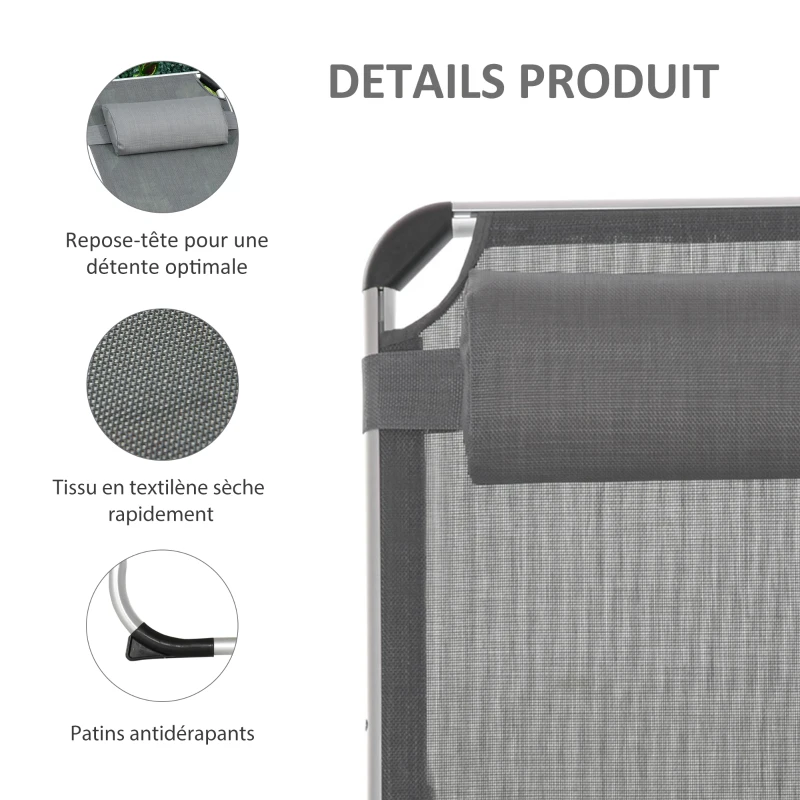Outsunny Bain de soleil chaise longue pliante avec appuie-tête, transat inclinable en aluminium et textilène, transat jardin extérieur pour plage relax camping piscine terrasse, 165x60x76cm, gris