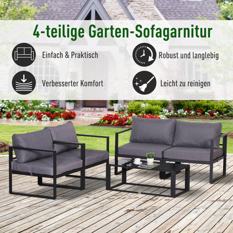 Outsunny Vierteiliges Gartenmöbel Set, Sitzgruppe, Sofa mit Sitzkissen, Tisch mit Stauraum, Polyester, Grau, 138 x 69 x 63 cm