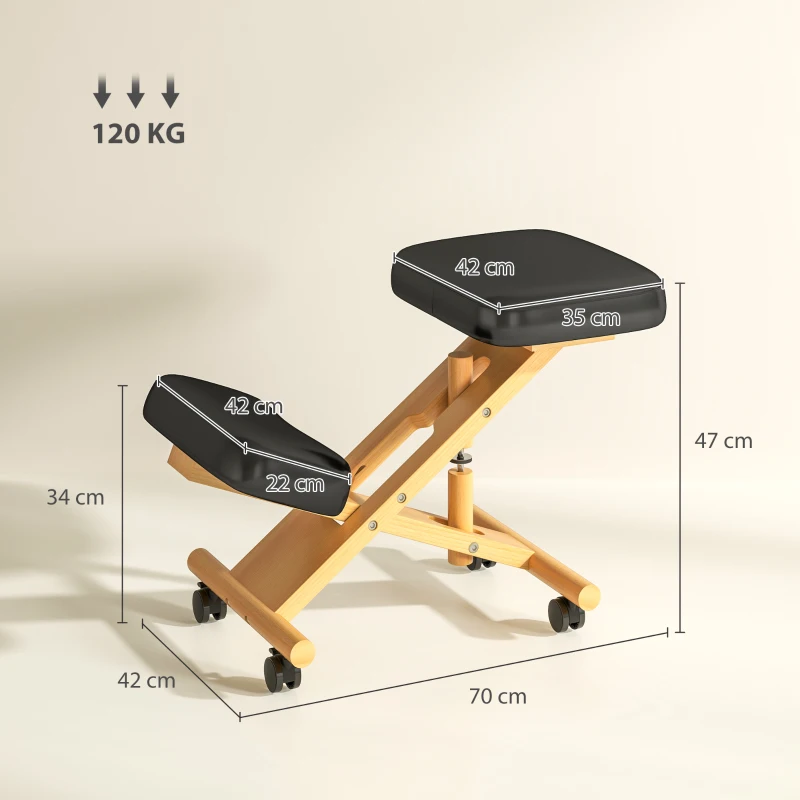 HOMCOM Sedia Ergonomica Posturale con Inginocchiatoio, Altezza Regolabile e Rotelle in Legno, Nero