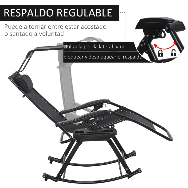 Outsunny Silla Mecedora de Jardín Plegable Tumbona Reclinable con Techo Protección Solar Reposacabezas Extraíble y Reposapiés Estructura de Acero 120x67x102 cm Negro