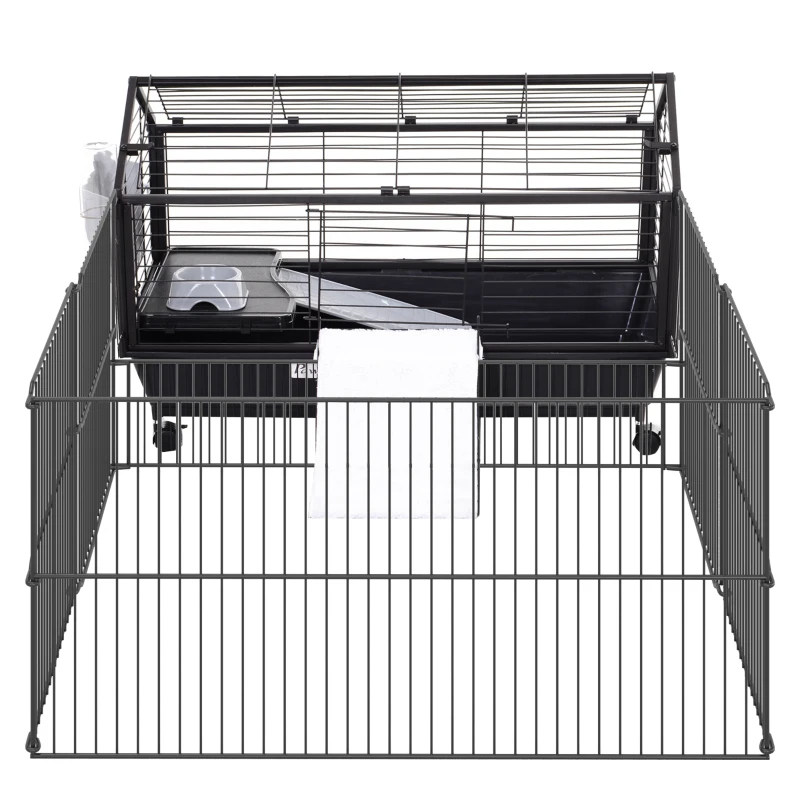 Pawhut Kleintierkäfig mit Freigehege inkl. Zubehör 88 cm x 128,5 cm x 56 cm  4 Rollen Schwarz Metall Polypropylen