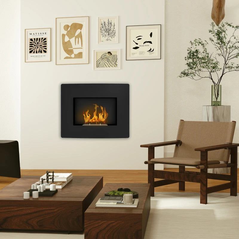 HOMCOM Chimenea de Bioetanol de Pared con Tanque de 0,9 L Tiempo de Combustión 3,3H para Interiores 15-20 m² 66x16x52 cm Negro