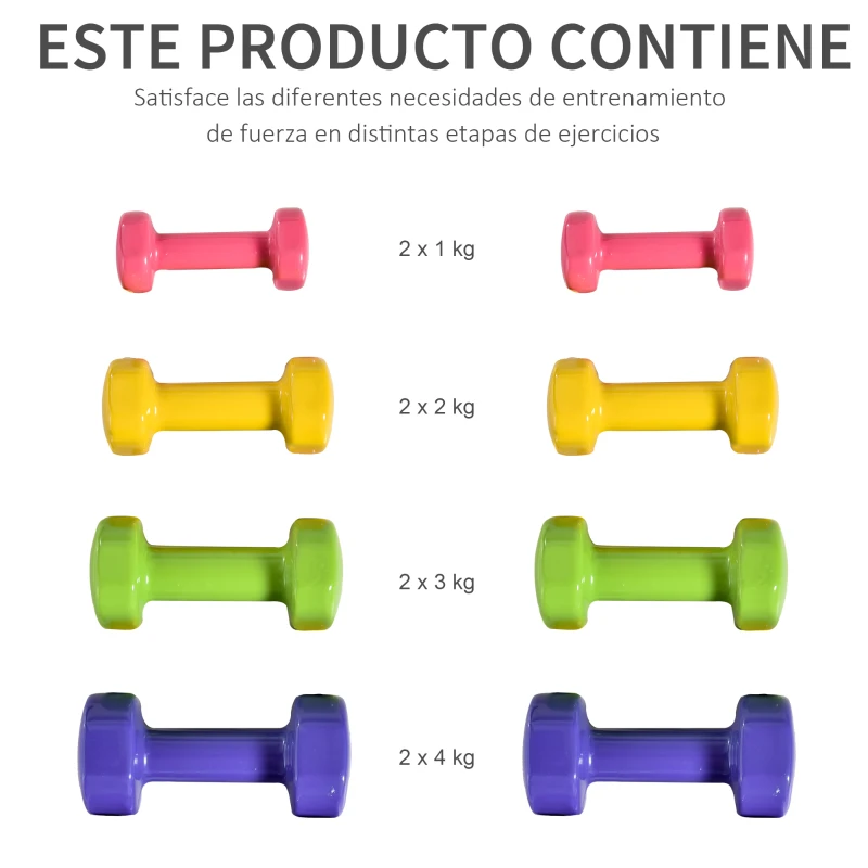 HOMCOM Juego de 8 Mancuernas Hexagonales 20 KG de 4 Pares 4 kg 3 kg 2 kg 1 kg Mancuernas de Neopreno con Revestimiento Antideslizantes Pesas para Gimnasio en Casa Ejercicio Entrenamiento Multicolor