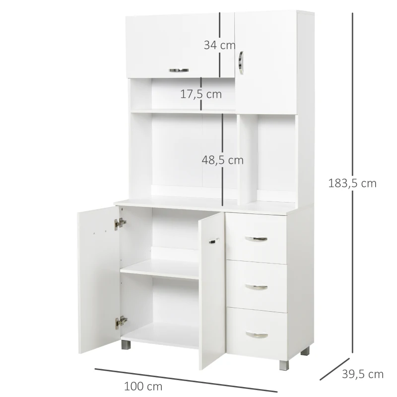 HOMCOM Küchenschrank, Hochschrank mit 3 Schubladen,Sideboard, Aufbewahrungsschrank mit verstellbaren Ablagen, Kommode, Weiß, 100x 39,5 x 183,5 cm