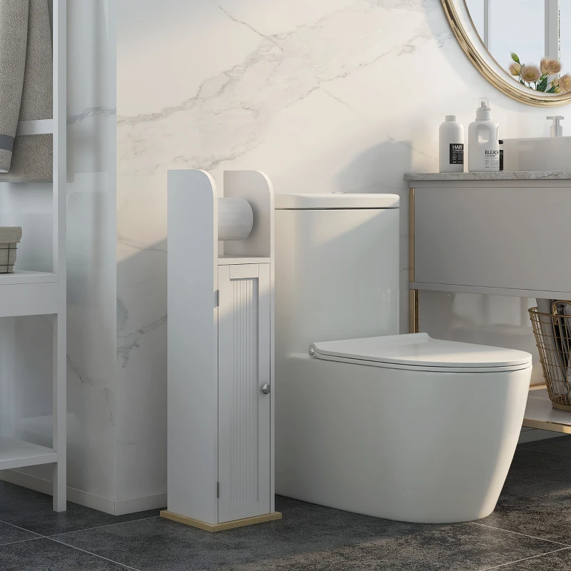 kleankin Armario de Baño con Soporte para el Papel Higiénico y Armario de 3 Compartimentos 20x20x80 cm Blanco