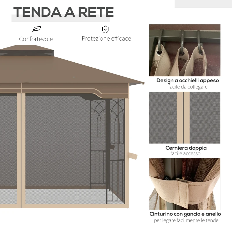 Outsunny Gazebo da Giardino con Zanzariera, Doppio Tetto e Struttura Metallo, 3.7x3m Marrone e Beige