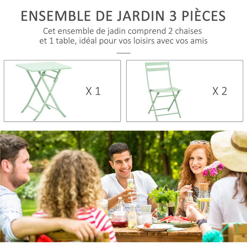 Outsunny Salon de jardin bistro pliable - table carrée dim. 60L x 60l x 71H cm avec 2 chaises - métal thermolaqué vert d'eau