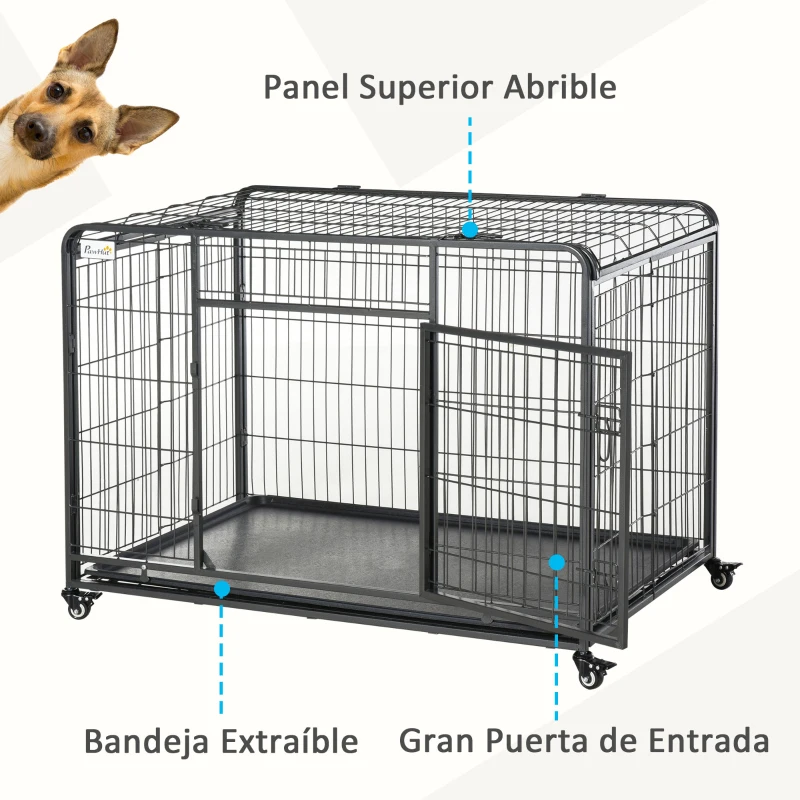PawHut Jaula para Perros Plegable de Metal Jaula para Perros Grandes 125x76x81 cm con Ruedas y Frenos Bandeja Extraíble y Puerta con Pestillos para Golden Retriver Labrador Gris Oscuro