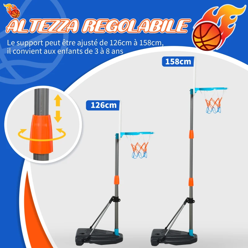 HOMCOM Set Canestro per Bambini Regolabile in Altezza, Palla da Basket, Base e Pompa Gonfiaggio Inclusi 32x65x126-158cm