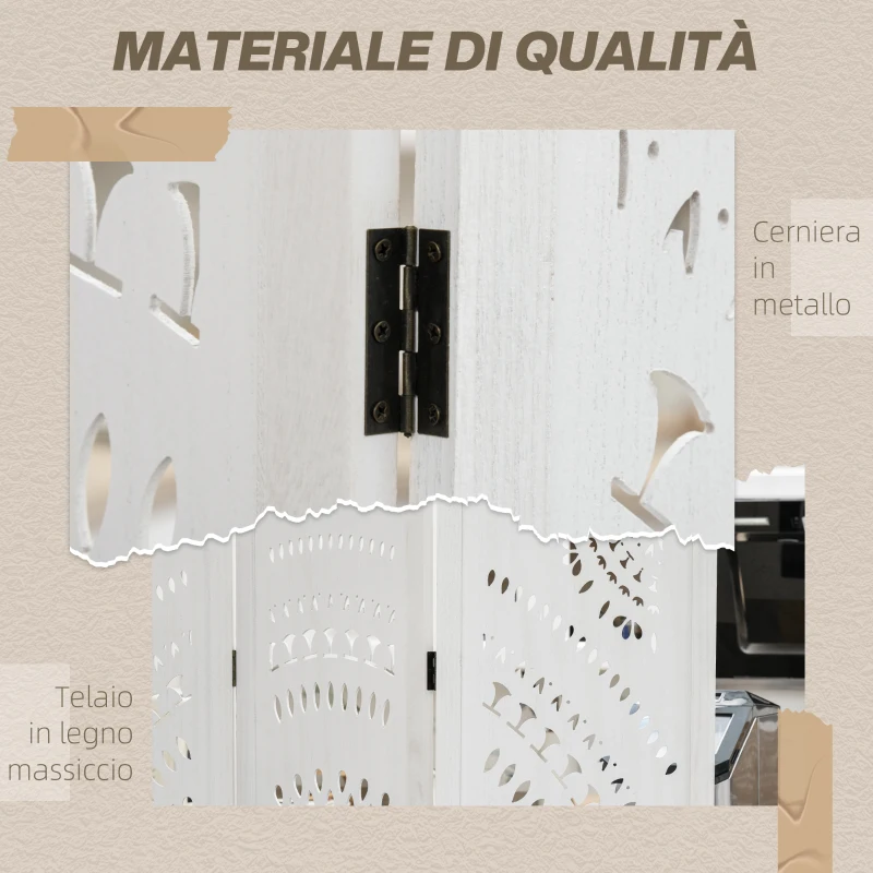 HOMCOM Separé Paravento da Interni Pieghevole a 3 Pannelli in Legno Intagliato, 120x170cm, Bianco