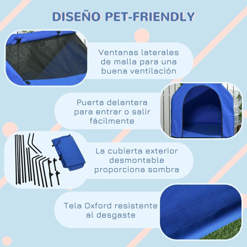 PawHut Caseta para Perros Grandes 130x85x121 cm Cama Elevada para Mascotas con Cubierta Desmontable y Ventanas de Malla Azul