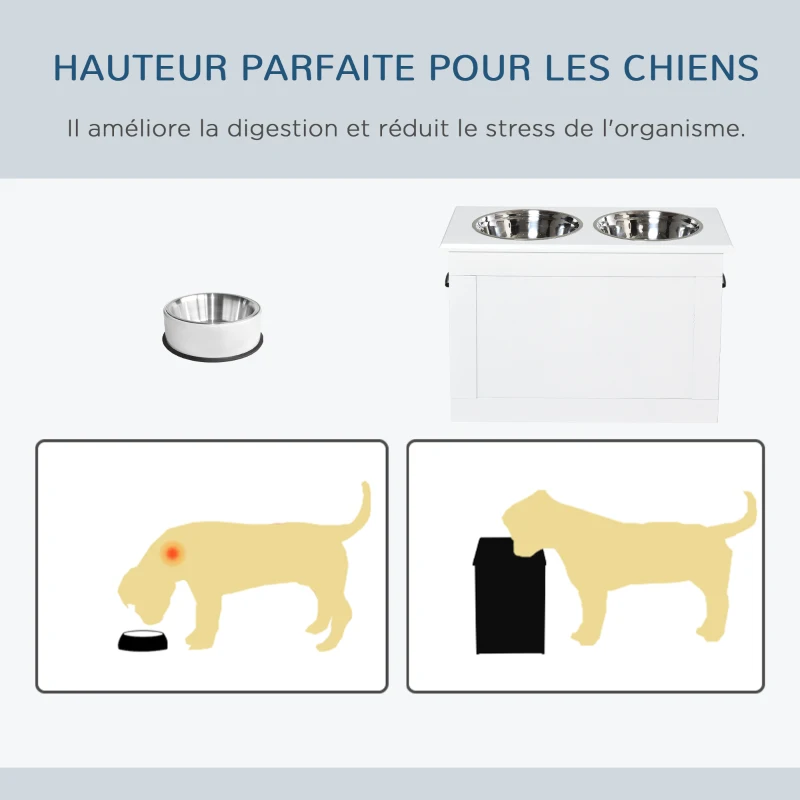 PawHut Gamelles chiens surélevées gamelle double chien chat porte-gamelles surélevé dim. 60L x 30l x 41H cm blanc