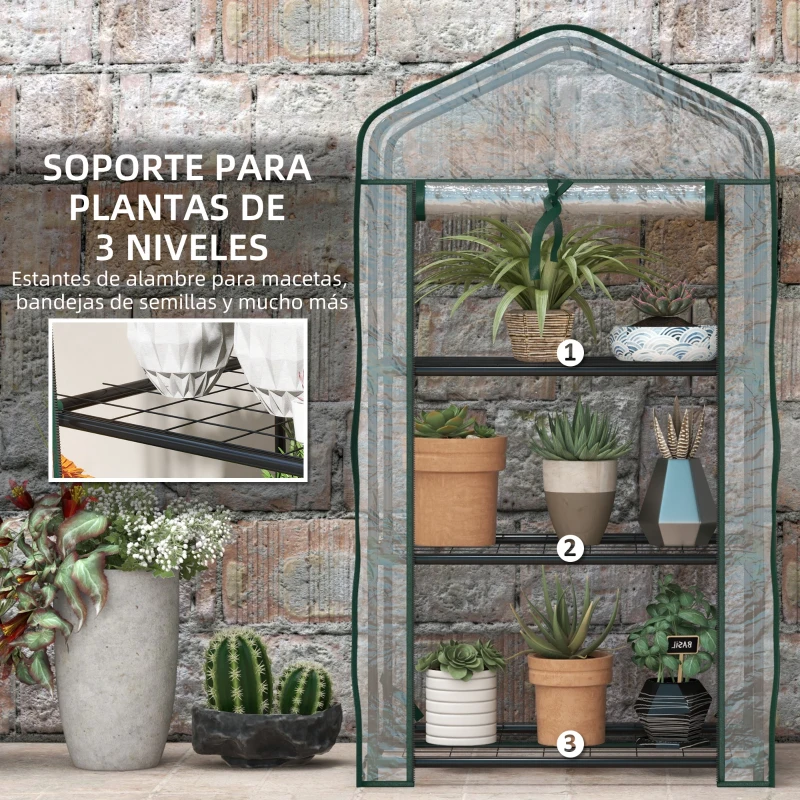 Outsunny Invernadero de Jardín con 3 Estantes 1 Puerta con Cremallera para Cultivo de Plantas 59x39x127 cm Transparente