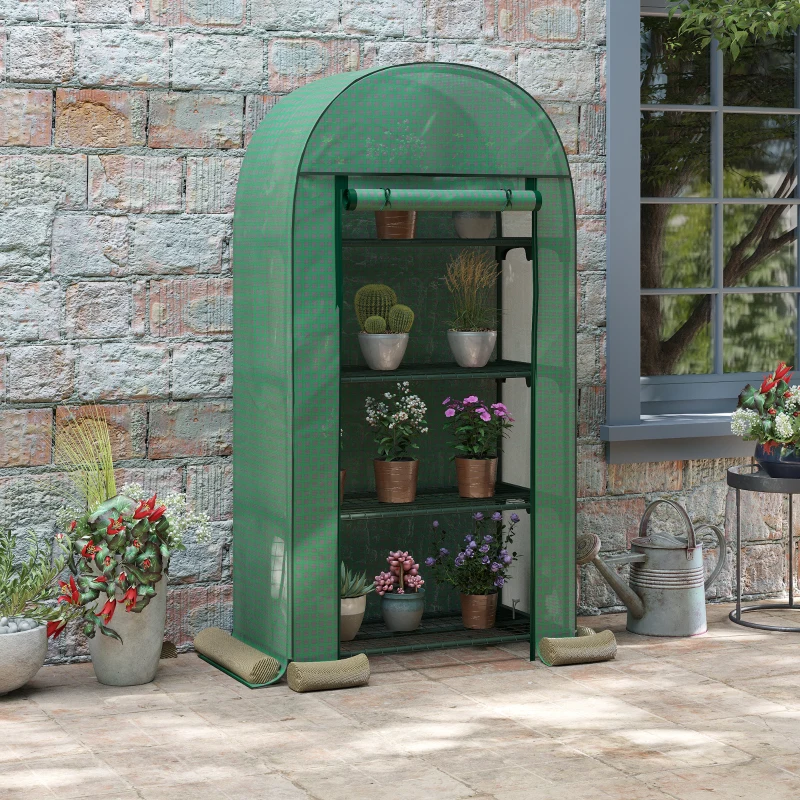 Outsunny Serra da Giardino con Ripiani in Metallo, Copertura in PE e Porta Avvolgibile 80x49x160cm, Verde