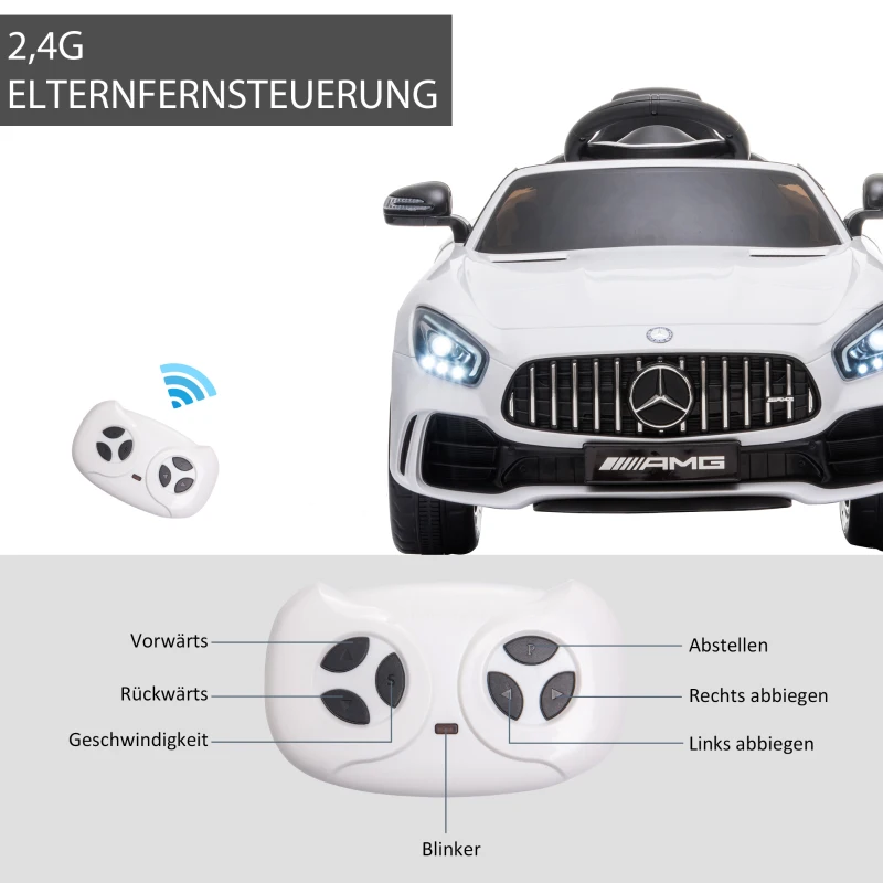 HOMCOM Kinderfahrzeug GTR 12V Mercedes-AMG GTR Elektroauto mit Fernbedienung Musik(MP3/USB) Licht ab 3 Jahren Metall Weiß 105 x 58 x 45 cm