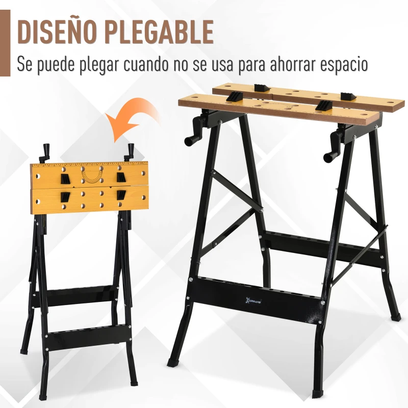 DURHAND Mesa de Trabajo Plegable Banco de Trabajo con Abrazadera 2 Manivelas Como Caballete de Sierra Carpintero Hierro MDF Soporta 100 kg 60,5x62,5x78,5 cm Natural y Negro