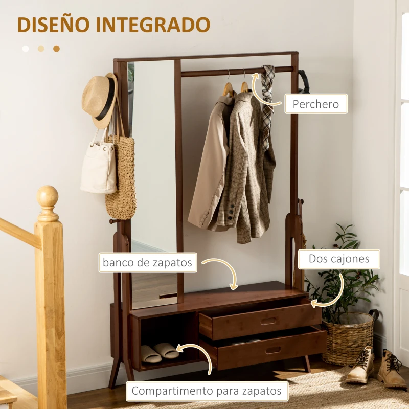 HOMCOM Perchero de Bambú con Banco Espejo 2 Cajones 4 Ganchos Barra y Compartimiento de Almacenaje 113x33x169,5cm Marrón