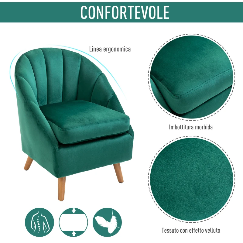 HOMCOM Poltrona da Camera da Letto e Salotto in Velluto Verde con Imbottitura Spessa e Solida Struttura in Legno (67x65x77cm)
