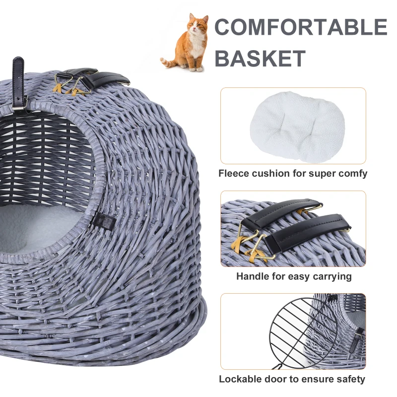 PawHut Cestino per Gatti Fino 5Kg in Vimini, Trasportini Gatti Vimini, Naturale Grigio con Cuscino Incluso (47cm x 35cm x 35cm)