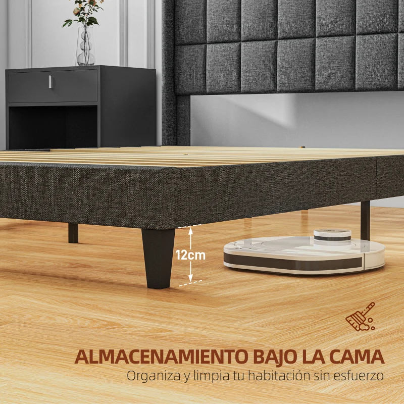 HOMCOM Estructura de Cama 135x190 cm con Cabecera y Espacio de Almacenamiento Debajo de la Cama Carga 300 kg Gris