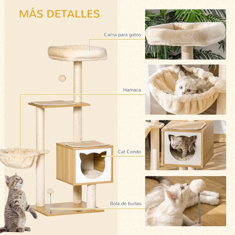PawHut Árbol Rascador para Gatos con Plataforma Torre Escalador para Gatos con Hamaca Caseta Cama Postes 48x40x126 cm Beige