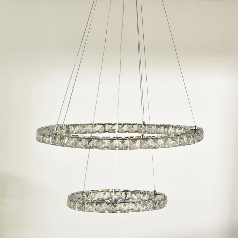 HOMCOM Modern LED Chandelier with 2 Crystal Rings, Dimmable Pendent Ceiling Light Cool Warm White with Adjustable Cable Remote Controller for Living Room, Dining Room, Bedroom, Silver