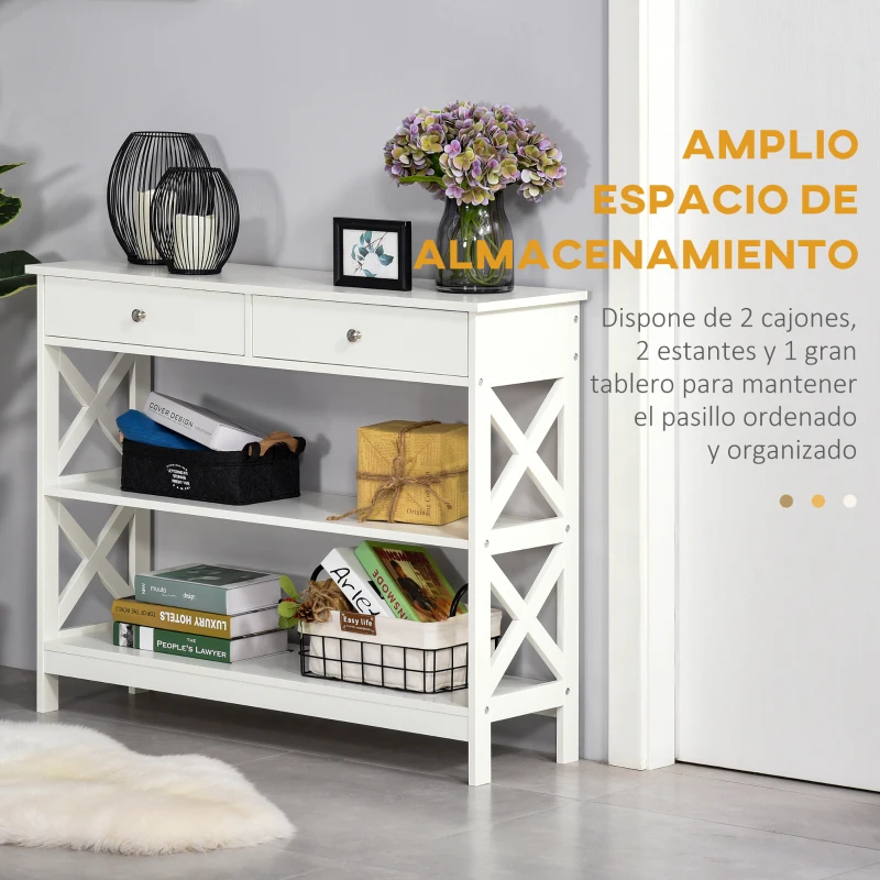 HOMCOM Mesa Consola de Entrada Recibidor con 2 Cajones y 2 Estantes Inferiores Mueble Moderno Base Elevada Antivuelco 100x30,5x80 cm Blanco