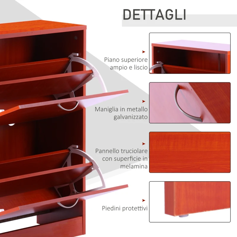 HOMCOM Scarpiera Salvaspazio 2 Cassetti 2 Ripiani Regolabili 60x24x80cm marrone rosso