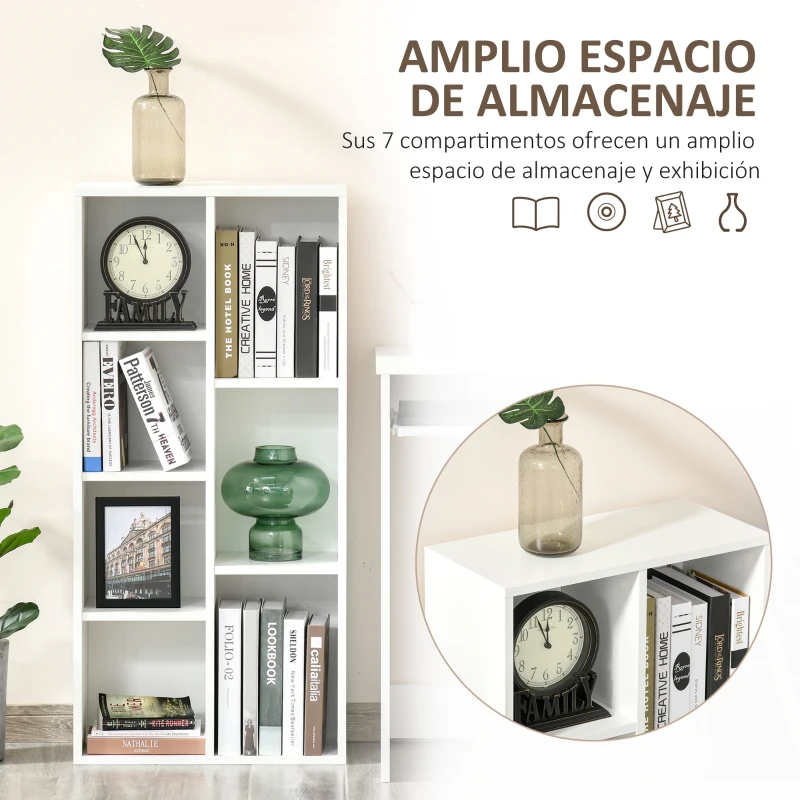 HOMCOM Estantería para Libros Librería de Madera con 7 Compartimentos de Almacenaje Plantas Archivos para Sala de Estar Dormitorio Oficina 50x24x106 cm Blanco