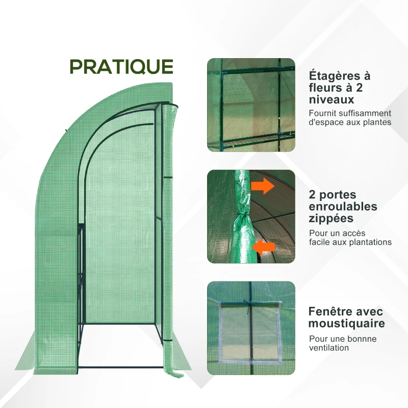 Outsunny Serre de jardin PE avec étagères 3 niveaux, serre de balcon, bâche renforcée 140 g/m², châssis en acier, 2 portes zippées enroulables, pour légumes plantes fleurs, 200 x 100 x 215 cm, vert